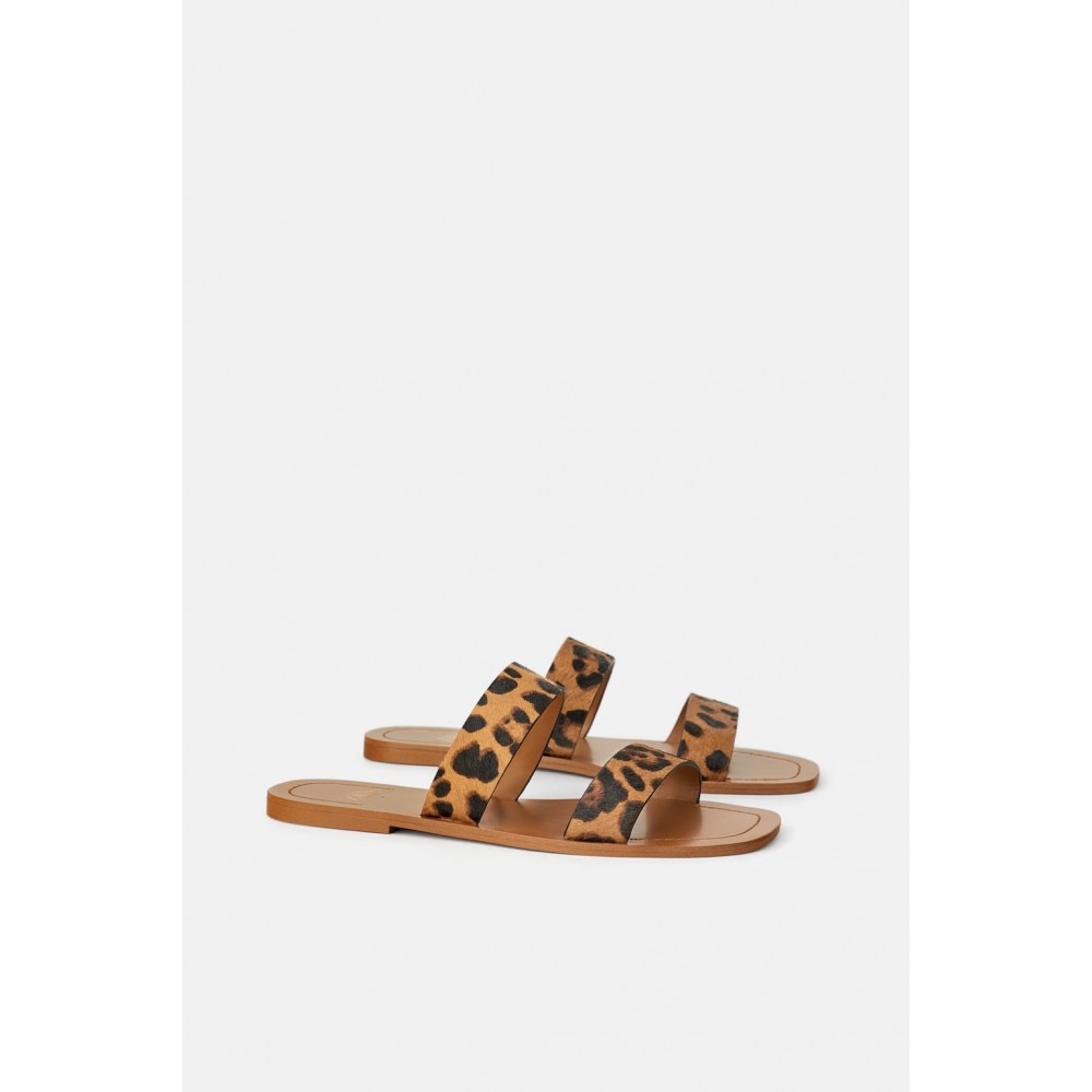 Zara Leather Flat Sandals With Animal Print