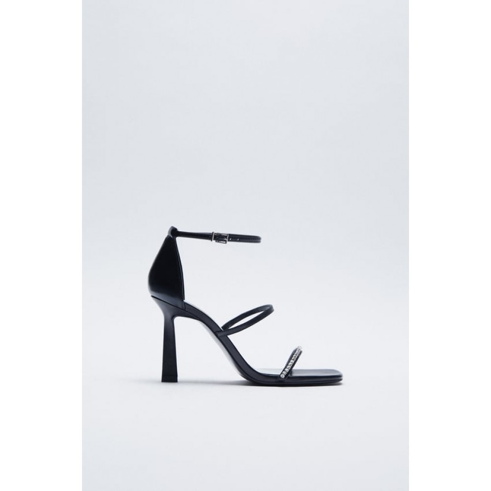 Crystal Strappy High-Heeled Sandals Black