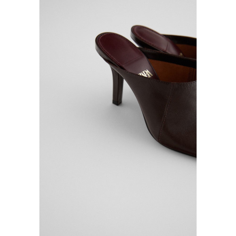 SQUARE TOE REAL LEATHER HIGH HEEL MULES BORDEAUX