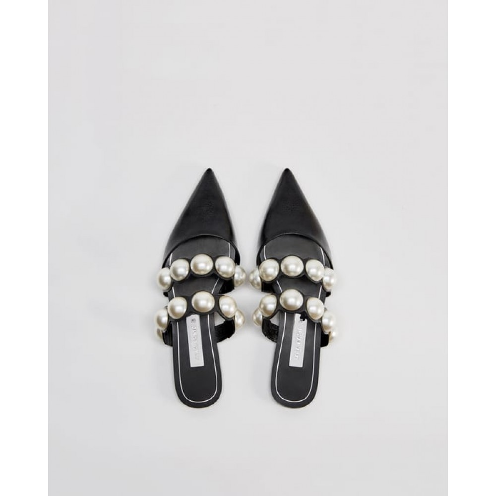 Zara Flat Mules With Pearl Beads