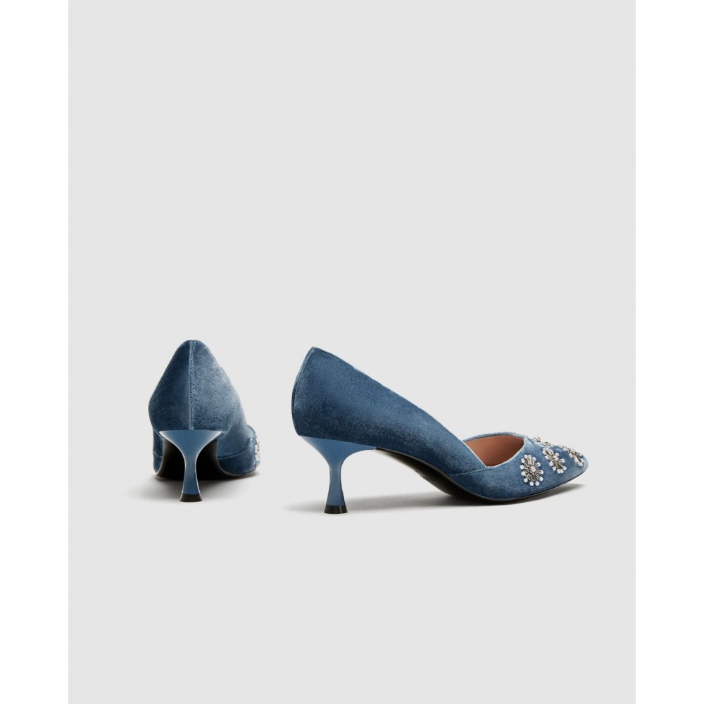 Zara Embroidered Velvet Kitten-Heel Court Shoes