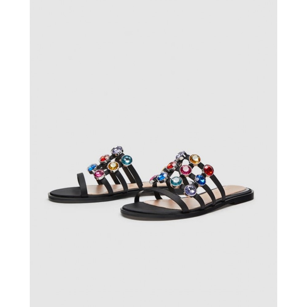 Zara Slides With Multicoloured Bejewelled Detailing