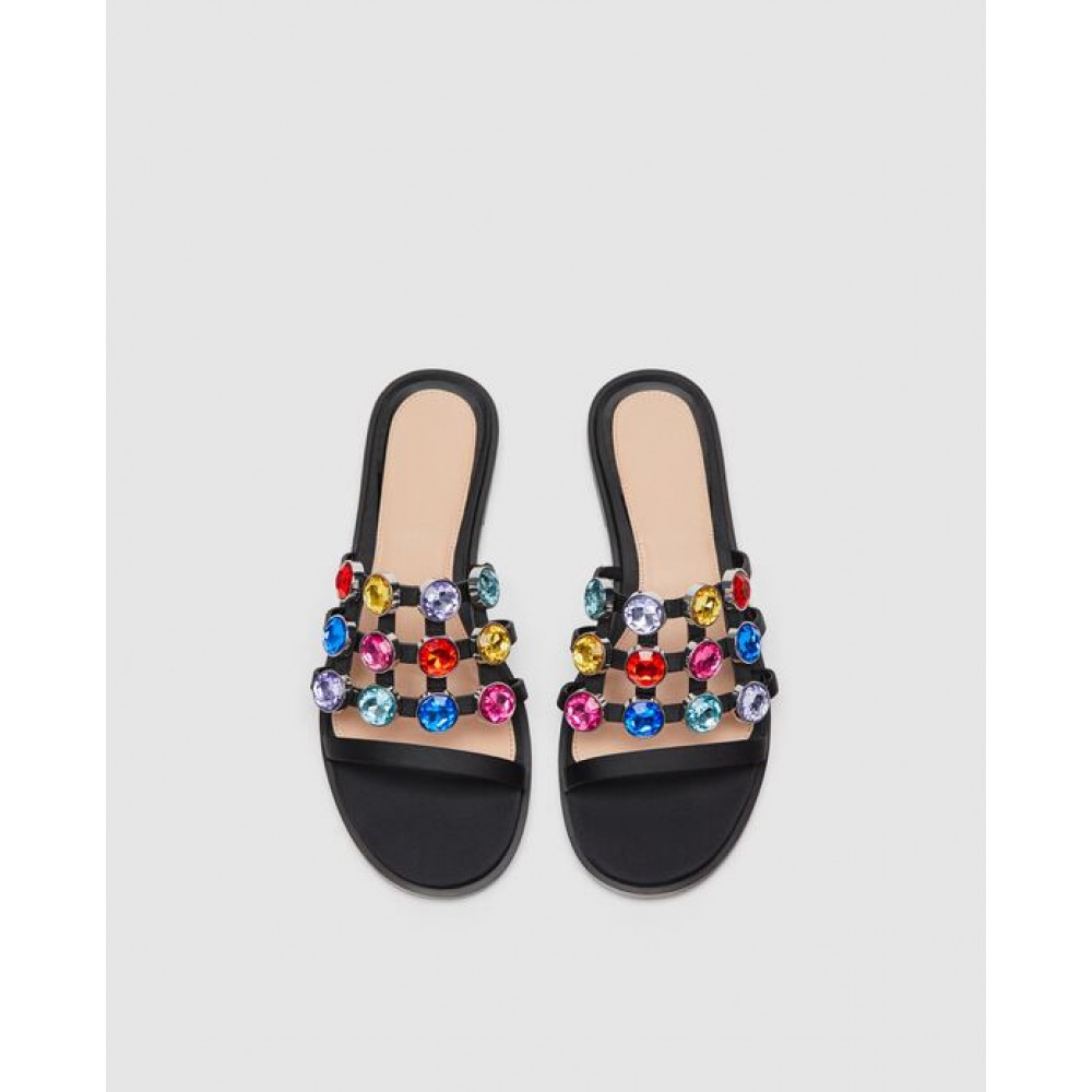 Zara Slides With Multicoloured Bejewelled Detailing